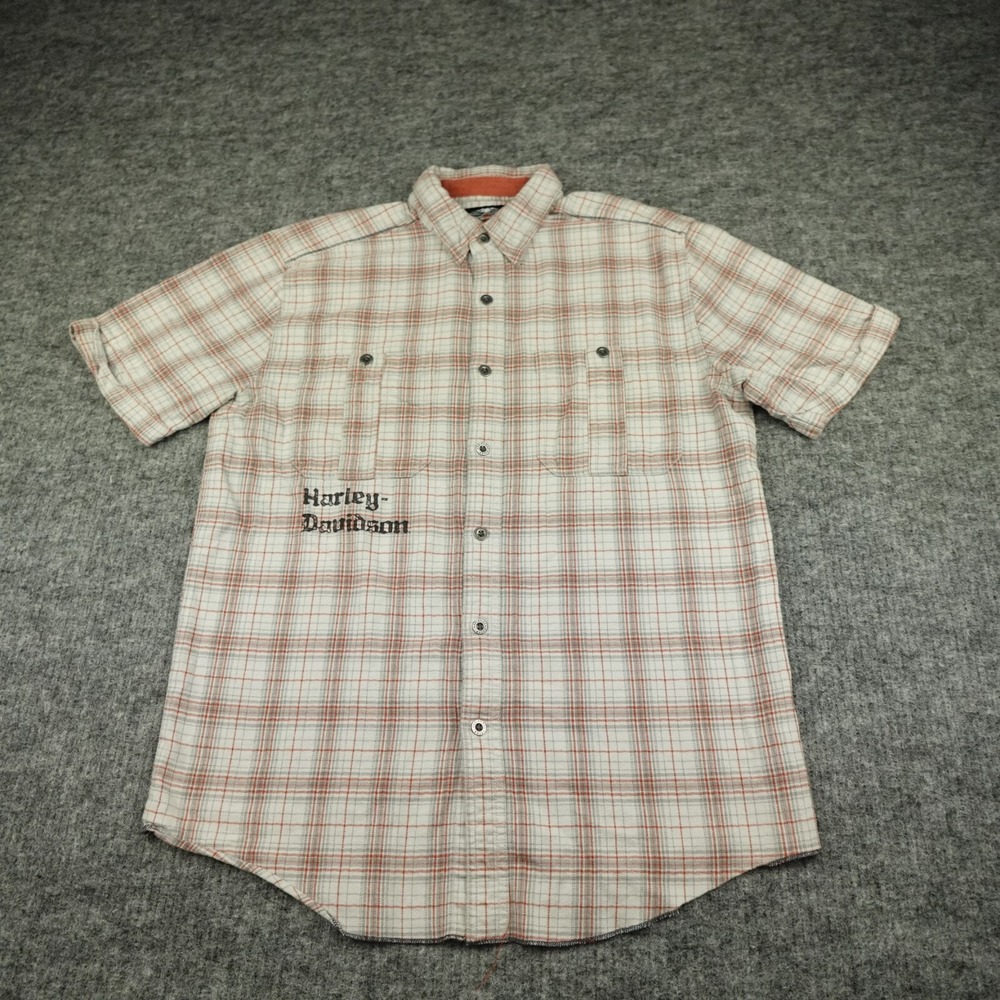 Harley Davidson Shirt Mens Medium White Plaid Orange Flannel Short Sleeve Biker